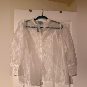 CeCe Sheer White womens Button Down  2 piece Shirt set